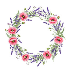 Photorealistic watercolor illustration of a detailed symmetrical summer wildflower wreath (pink poppies, purple lavender) on a white background. Concept for sophisticated botanical border