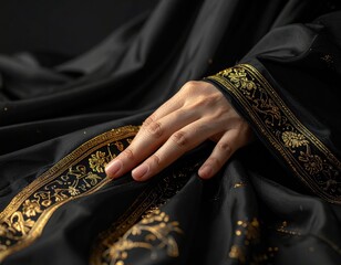 Close up on a hand resting on luxurious black fabric with gold embroidered trim and shimmering sequins under soft studio lighting
