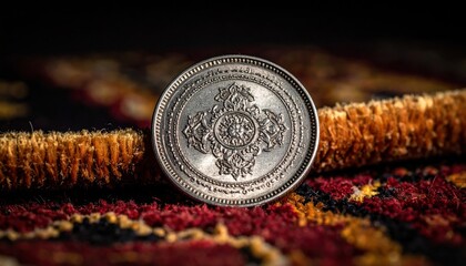 Antique Silver Coin With Intricate Engravings Resting On A Textured Rug With Warm Lighting