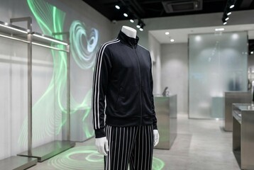 Athletic outfit black zip-up jacket and pants with white stripes on green background with dynamic green swirls