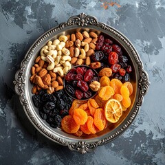Assortment of Dried Fruits and Nuts in an Ornate Silver Platter Displayed on a Dark Textured Surface