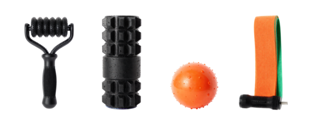 Photograph of four outdoor tools: black textured coil brush, black cylindrical textured handle, orange spiked ball, and orange textured strap with black buckle.