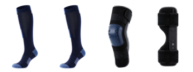 Photograph of three knee braces, two full black ones with blue knee pads, one without. Side and front views.