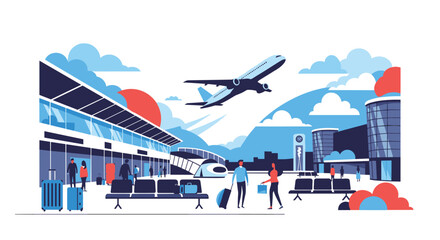 Bustling airport terminal with passengers, luggage, and a plane taking off, set against a modern city skyline, symbolizing global travel.