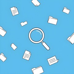 하늘색배경 위 하얀 돋보기 아이콘,서류 문서아이콘,파일폴더 아이콘White magnifying glass icon on sky blue background, document icon, file folder icon