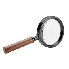 ultra-photorealistic studio shot of a vintage magnifying glass with a dark walnut wood handle and matte black metal rim, isolated on a transparent background. concept of search and precision
