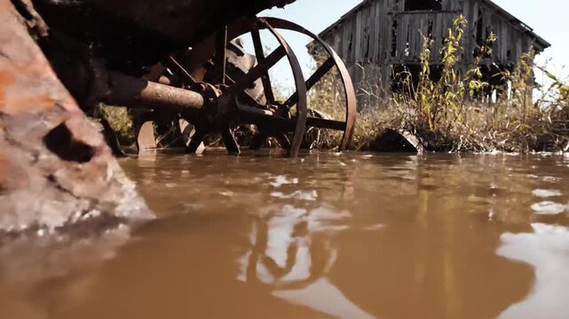 Rusted agricultural machinery half-hidden and submerged in murky water near a derelict barn
