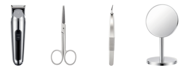 Photograph of five metal grooming tools: left to right, hair clipper, scissors, straight razor, safety razor, round magnifying mirror.