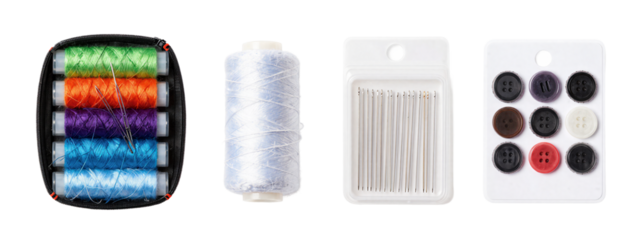 Photograph of four sewing supplies: colorful spools in black pouch, silver spool, white container with metal needles, and white card with black and red buttons.
