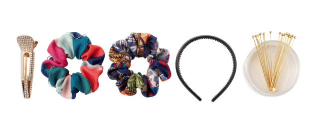 Photograph of five accessories: colorful fabric hair scrunchies, small beaded hair clip, black textured hair tie, and a white plate with gold hairpins.