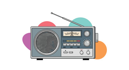 Obraz premium Classic retro radio receiver with an antenna, buttons, and a tuning dial, evoking nostalgia for vintage music and broadcast technology.