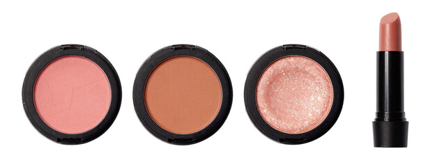 Photograph of three round, black-capped eyeshadows (pink, brown, glittery pink) and a matching lipstick with a matte pink tip.