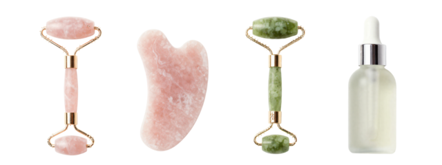 Photograph of four objects: two pink marble and two green marble hair accessories with gold wire, and a frosted glass perfume bottle with a silver cap.