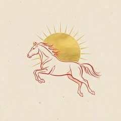 새해 첫 일출과 해 모양그림과 붉은색 말이 힘차게 달리는 일러스트The first sunrise of the new year, a picture of the sun, and an illustration of a red horse running vigorously