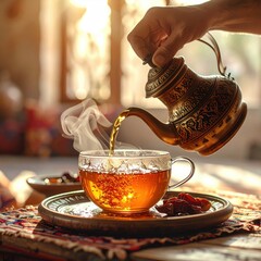 Warm Amber Tea Poured From Ornate Golden Teapot Into Clear Glass Cup With Steam Rising In Golden Hour Sunlight Near Dates
