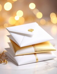 Elegant Stack of White and Gold Envelopes with Golden Bokeh Lights and Decorative Beading