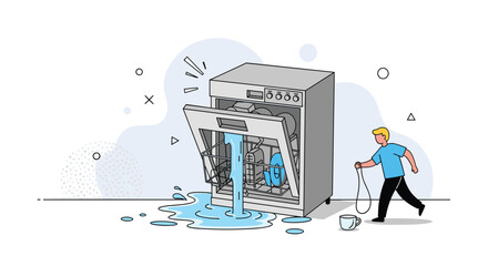 Frustrated man attempting to repair a leaking dishwasher that is overflowing with water onto the floor, depicting a common household problem.