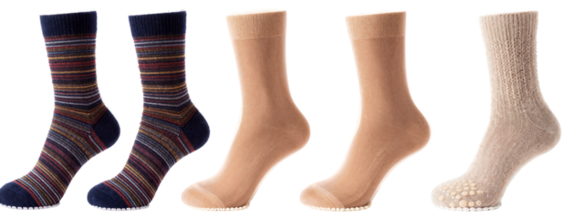 Four pairs of socks, side by side. Left: multicolored striped, dark blue toes and heels. Middle: solid beige, smooth texture. Right: solid beige, textured wool. Background white.