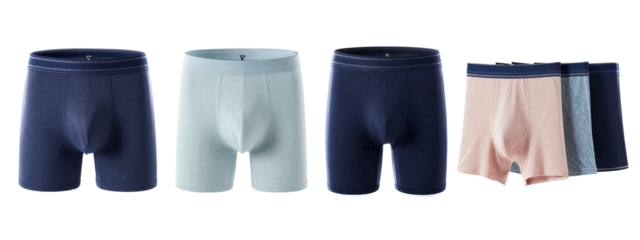 Five pairs of men's boxer shorts, arranged side by side, in navy blue, light blue, dark blue, beige, and blue with white trim.