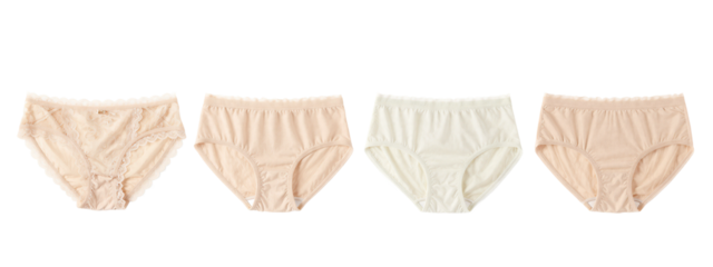 Four pairs of women's panties, arranged horizontally. From left to right: lace-trimmed beige, solid beige with ruffled edges, solid white, and solid beige. All on a plain.