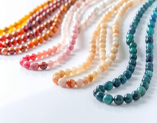 Collection Of Colorful Gemstone Beaded Necklaces Arranged On A White Surface With Soft Lighting