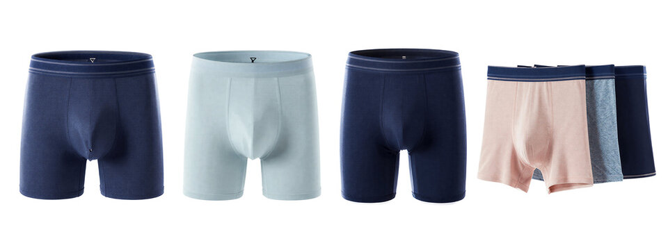 Five pairs of men's boxer shorts, arranged side by side, in navy blue, light blue, dark blue, beige, and blue with white trim.