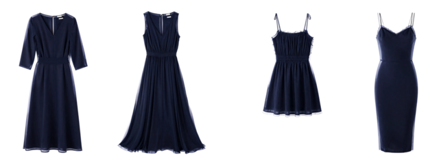 Five different navy blue evening dresses, each with unique sleeve styles and waistlines, displayed against a plain.