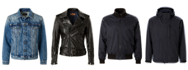 Four jackets displayed in a row: blue denim, black leather with silver studs, dark button-up, and black hooded jacket.