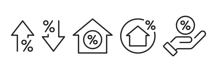 High and low house interest rate icon set. Mortgage rate icon set. High inflation rate line symbol. Purchase a home on a mortgage