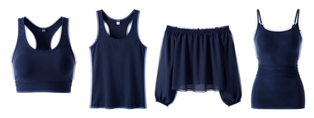 Five navy blue women's tops, displayed in a horizontal line. From left to right: sports bra, sleeveless t-shirt, loose-knit top, high-waisted tiered top, fitted spaghetti-strap dress.