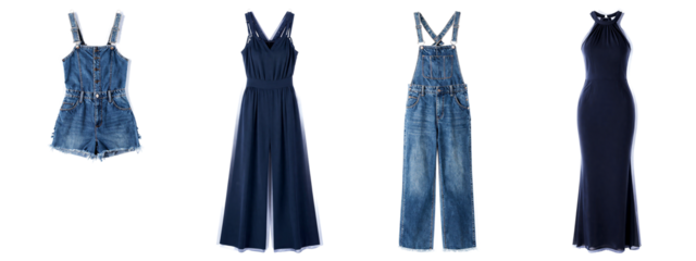 Five different blue denim rompers, each with unique sleeve designs and lengths, displayed.