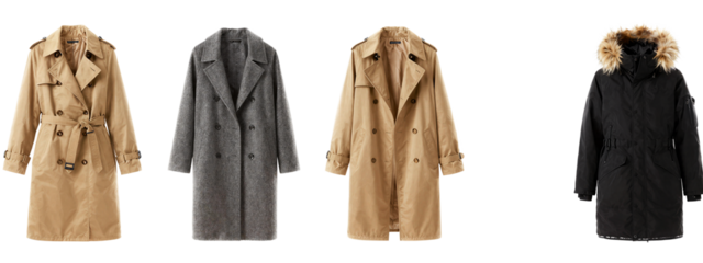 Five different coats displayed , from left to right: tan trench coat with toggle buttons, gray textured coat, tan trench coat with open front, gray textured coat, black coat with fur-lined hood.