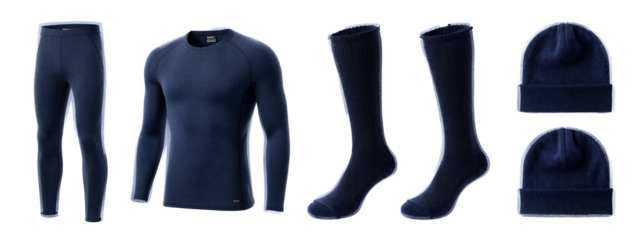Photograph of dark blue winter clothing: long-sleeve shirt, slim-fit pants, knee-high socks, and beanie. Items arranged horizontally.