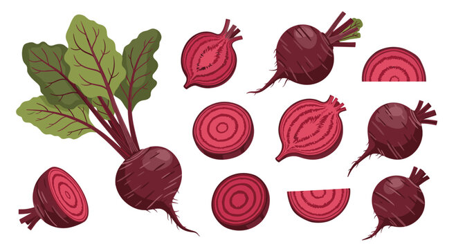 A vibrant collection of fresh red beets, including whole beetroots with green leaves and various cross-sections, illustrating healthy organic vegetables.