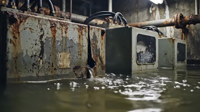 Submerged industrial electrical boxes with water seeping into their casings, showing severe damage and decay in a flooded facility.