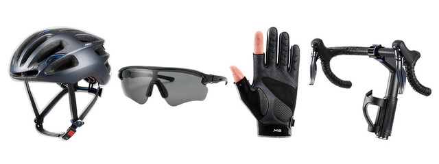 Photograph of black cycling gear: helmet, goggles, gloves, and drop handlebars, all positioned side by side on.