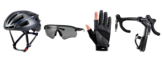 Photograph of black cycling gear: helmet, goggles, gloves, and drop handlebars, all positioned side by side on.