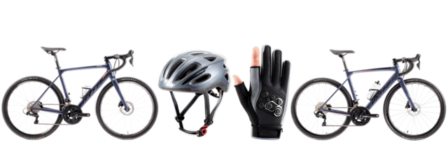 Photograph of two blue mountain bikes, a silver helmet, and black gloves, all arranged side by side.