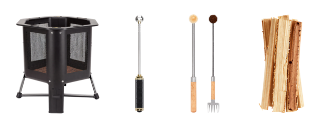 Photograph of a black metal fire pit, a black and gold grill fork, a wooden-handled grill fork with a brown ball, and a stack of firewood. Items arranged horizontally.