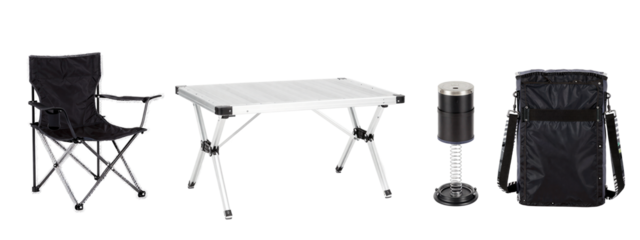 Photograph of a camping setup: black folding chair, white folding table, black backpack, and a portable camping stove with a silver lid.