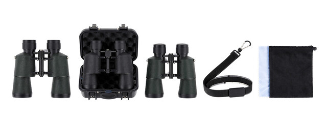 Photograph of black binoculars with textured handles, open and closed cases, black strap, and a black pouch on.