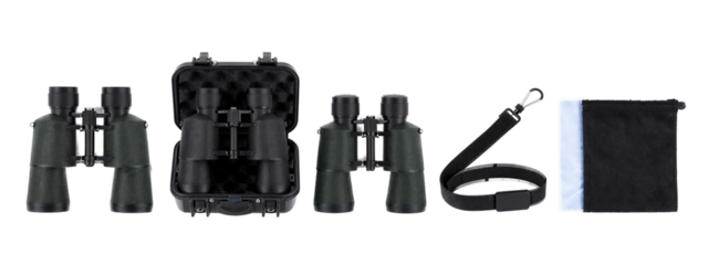 Photograph of black binoculars with textured handles, open and closed cases, black strap, and a black pouch on.