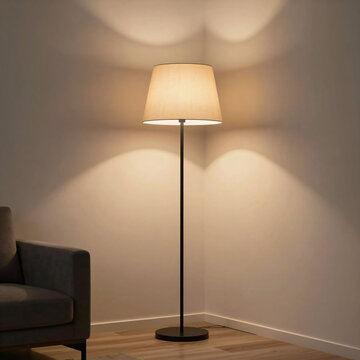 Modern designer floor lamps with warm ambient lighting, 3D render