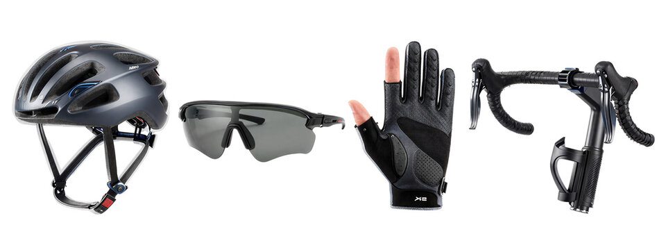 Photograph of black cycling gear: helmet, goggles, gloves, and drop handlebars, all positioned side by side on.