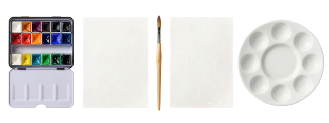 Paint set, open palette with vibrant colors, closed palette, wooden paintbrush, white textured paper, round white palette with indentations, all on.