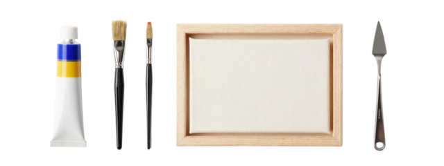 Photograph of painting supplies, includes wooden frame, paintbrush, black pen, white tube of paint with blue and yellow bands, and metal palette knife, arranged in a straight line.