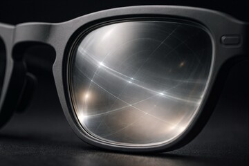 Ultra-realistic macro close-up of augmented reality smart glasses lens with abstract light reflections and shallow depth of field, showing clean wearable technology design.