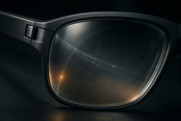 Macro view of AR smart glasses lens showing abstract digital light interactions, realistic glass reflections, and cinematic lighting against a dark, isolated background.