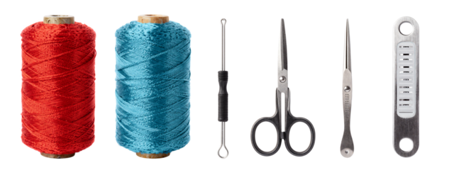 Photograph of six items in a row: two spools of yarn (red and blue), a black-handled crochet hook, a pair of black scissors, and a silver measuring tape.