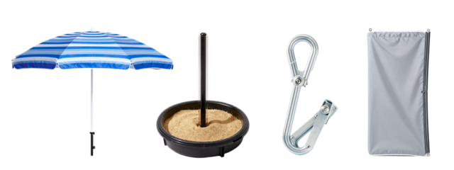 Photograph of a blue and white striped umbrella, a black charcoal grill with sand and a stick, a silver tarp, and a coiled silver camping rope.